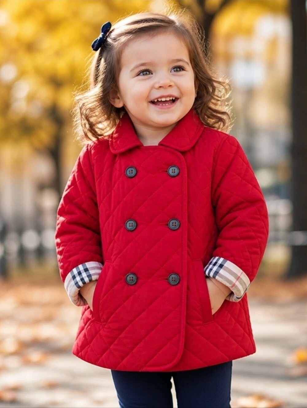 Hope & Henry Toddler Girls Double Breasted Quilted Riding Jacket in red.